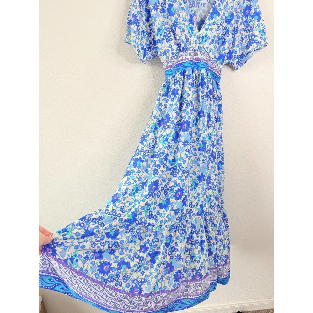 Zara Floral Maxi Dress Women's S Blue White V-Neck Empire Waist Boho Resort - Picture 6 of 10